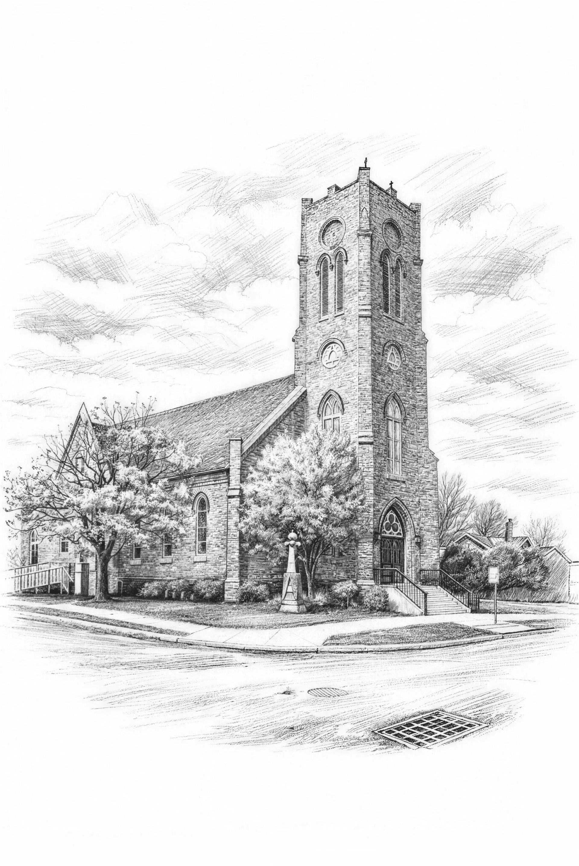Pen-and-ink drawing of the Crossroads Bible Church building